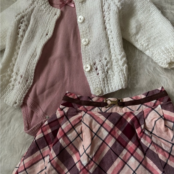 Janie and Jack Pink Plaid Skirt Hand Knit Sweater Outfit - Picture 2 of 4